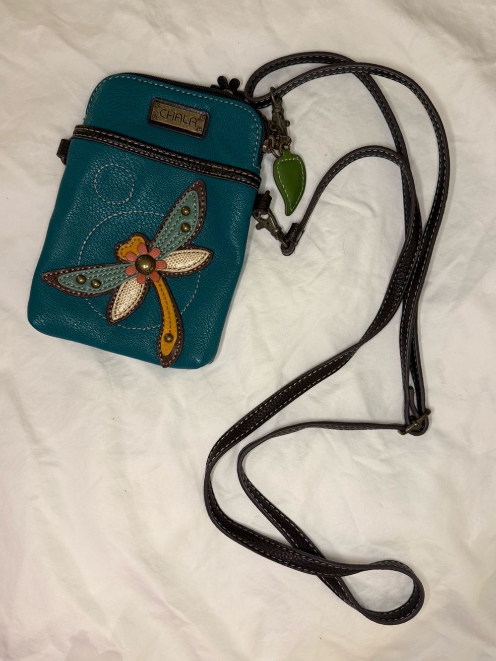 Chala Teal Dragonfly Appliqué Crossbody with Brown Strap